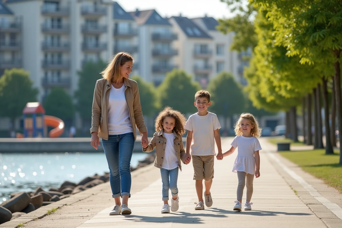 Famille de quatre marche le long de la promenade à Conflans