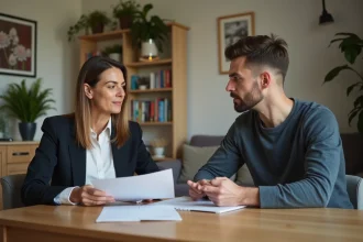 Femme d affaires et jeune homme examinent des documents de location