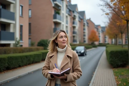 Femme d'âge moyen examinant des bâtiments résidentiels à Conflans