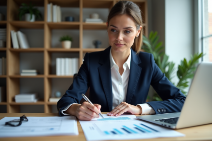 Femme professionnelle examinant des documents de prêt immobilier