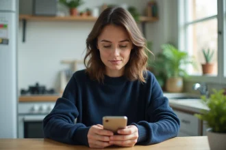 Femme consultant une application de logement social sur son smartphone depuis son appartement