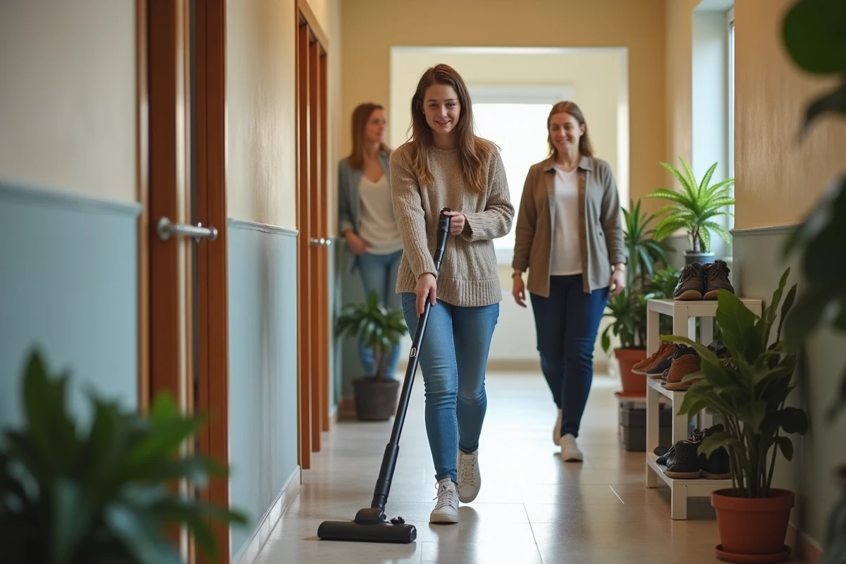 Jeune femme aspirant dans un couloir partagé