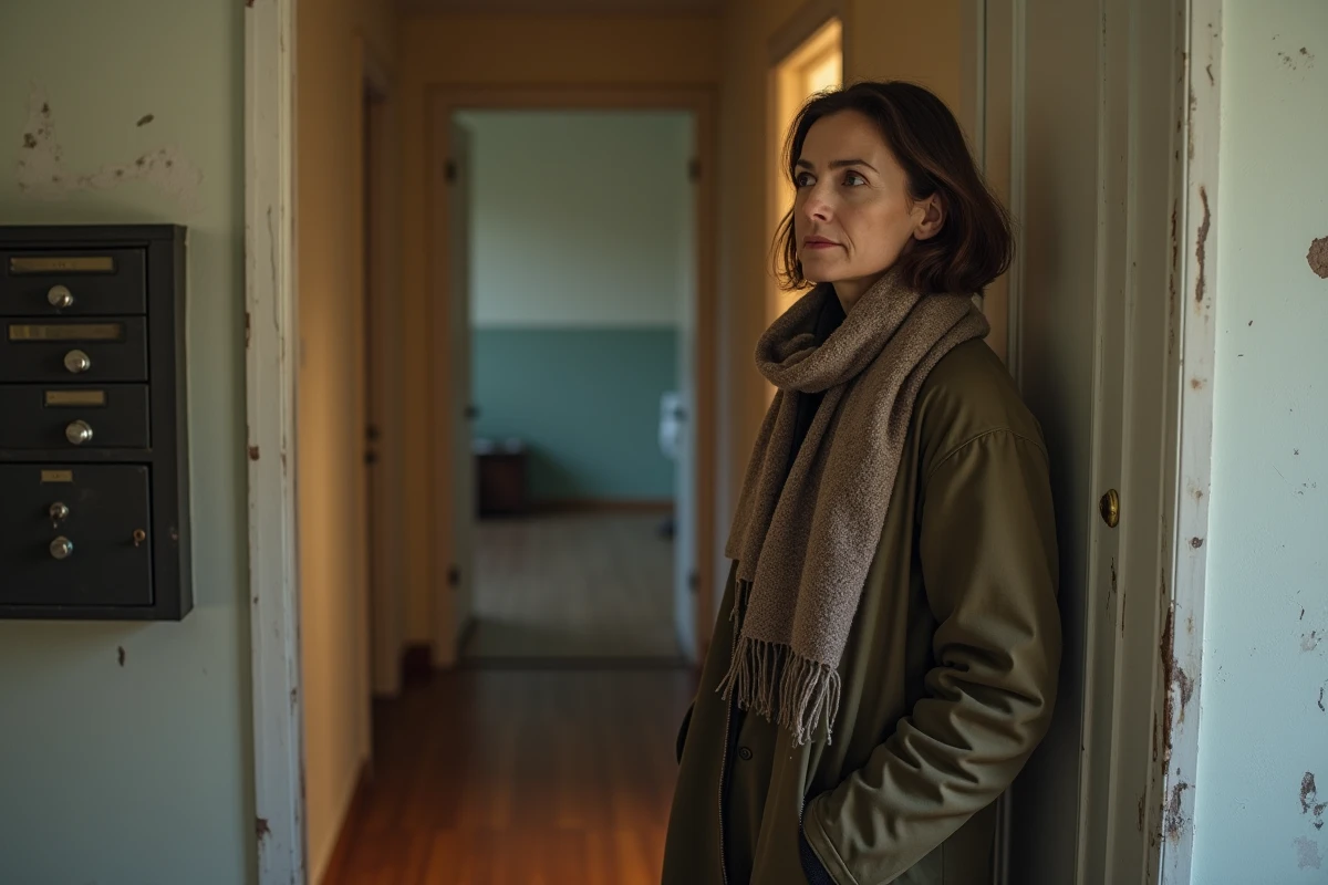 Femme d'âge moyen dans l'entrée d'un appartement abandonné