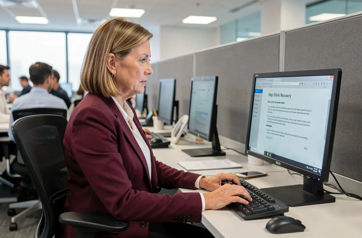 Femme en entreprise consultant un guide de récupération de compte sur un ordinateur de bureau