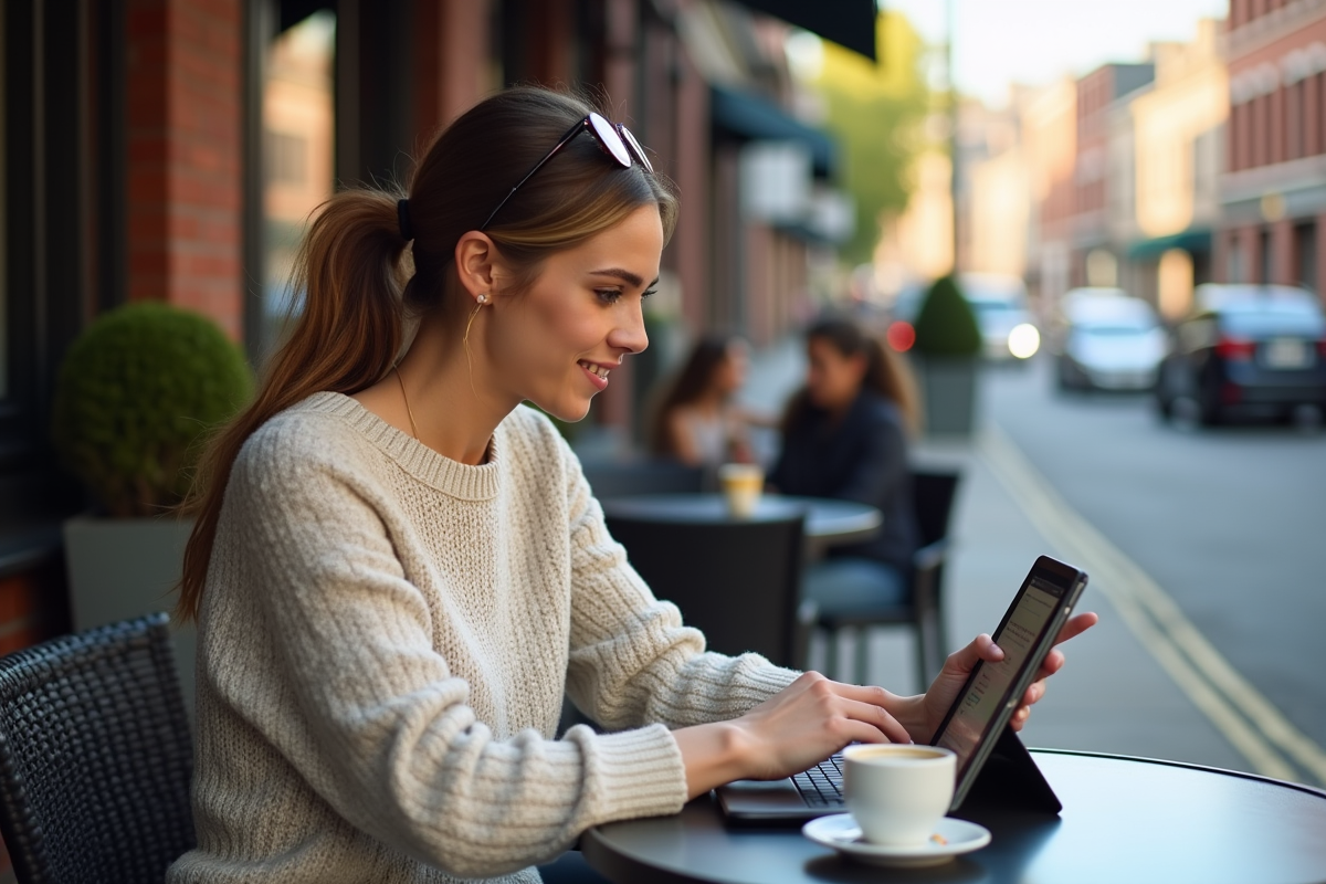 Jeune femme au café consultant une enchère en ligne sur sa tablette