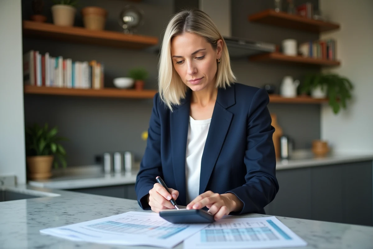 Femme calculant sa part de remboursement d'un crédit immobilier en indivision dans une cuisine moderne