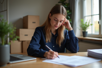 Femme remplissant un formulaire de changement d'adresse dans un appartement moderne