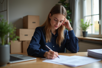 Femme remplissant un formulaire de changement d'adresse dans un appartement moderne
