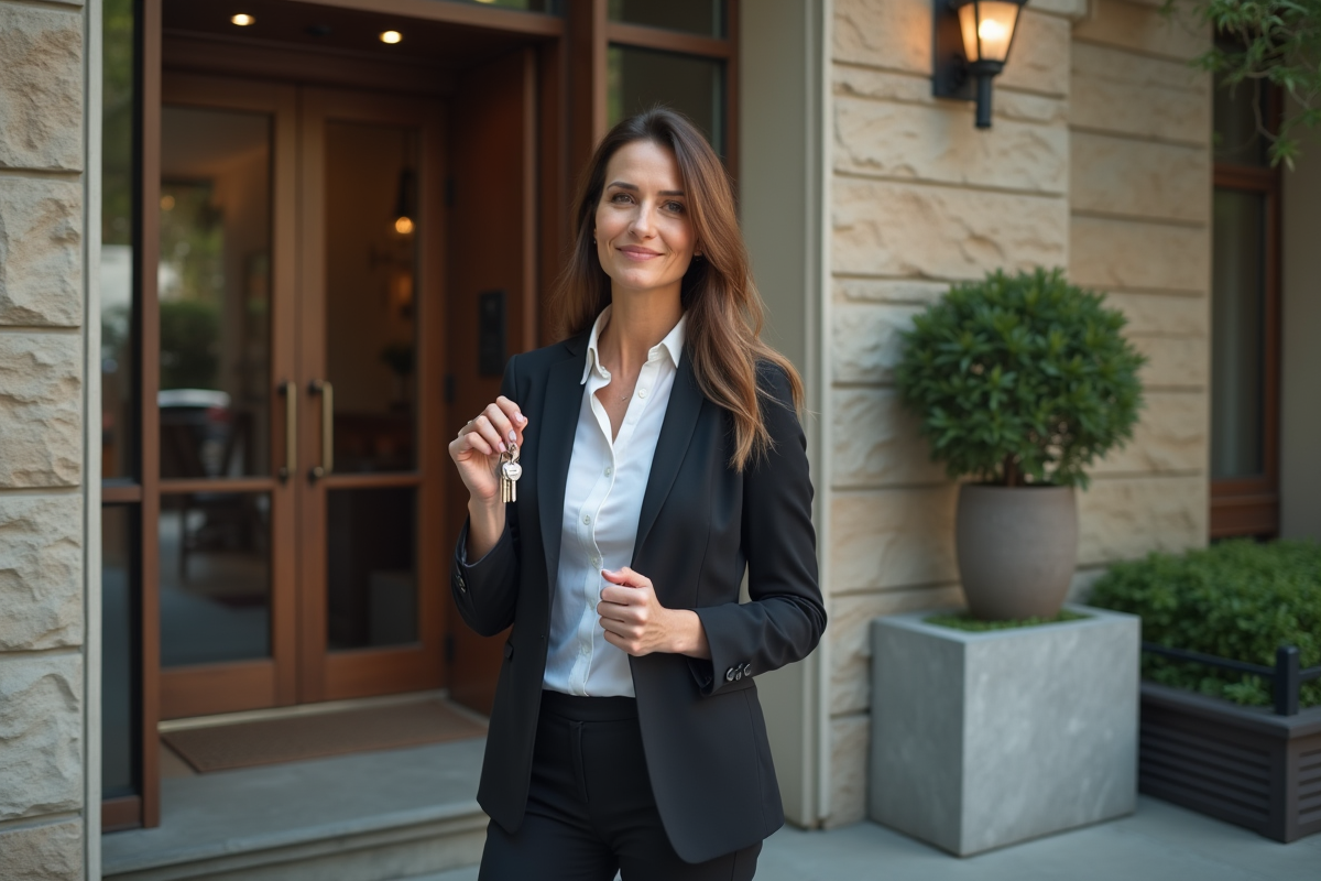 Femme confiante tenant des clés devant un immeuble moderne