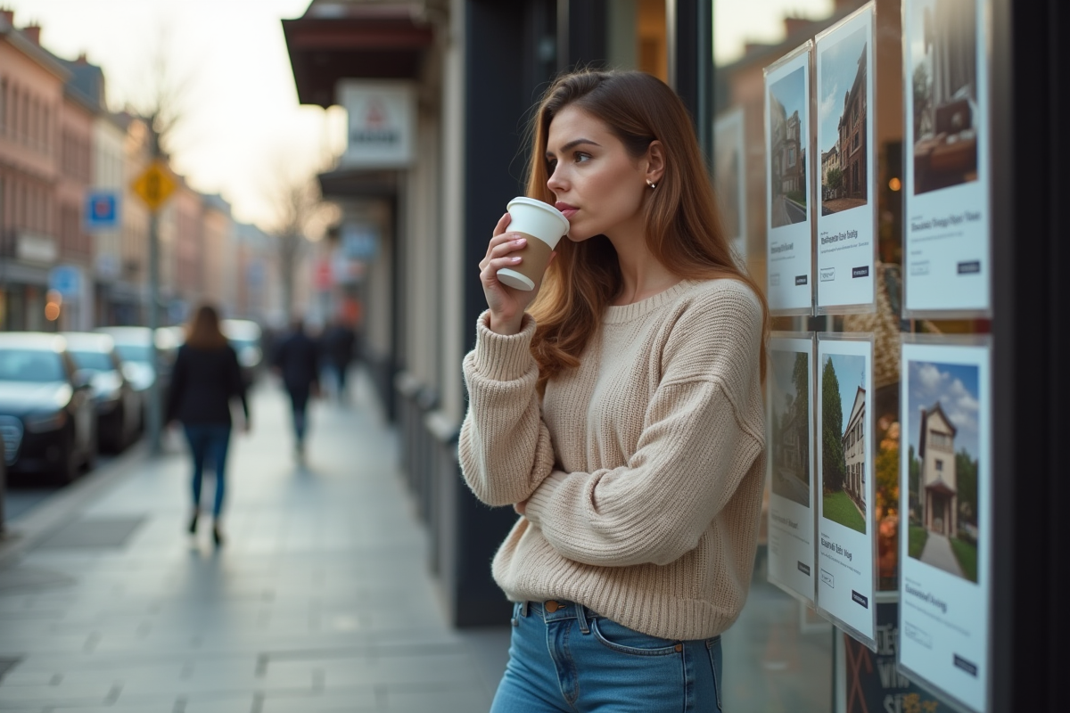 Jeune femme étudiante en extérieur devant agence immobiliere