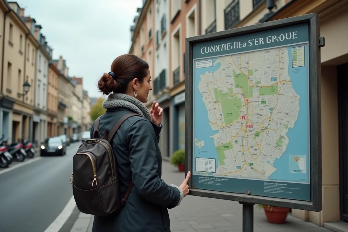 Femme regardant une carte dans un quartier calme de Conflans