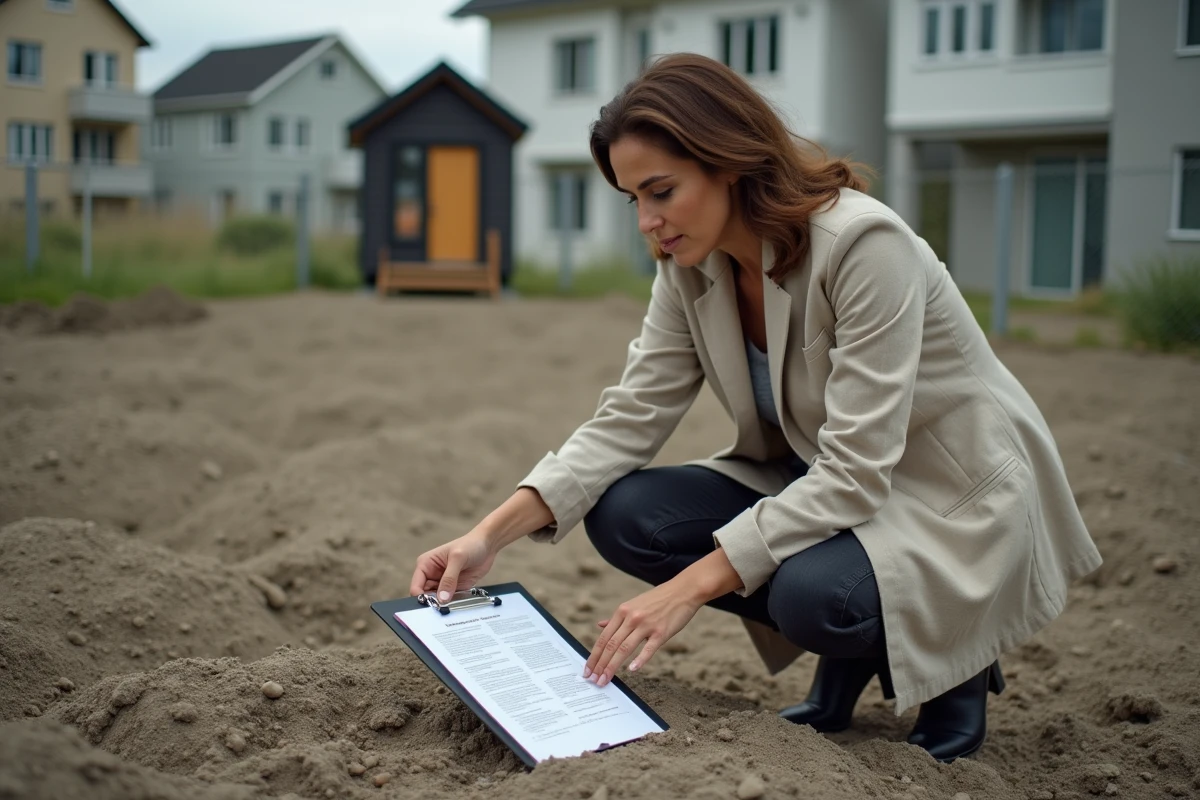Femme examinant un contrat de bail foncier sur un terrain vide destiné à accueillir une tiny house en zone périurbaine
