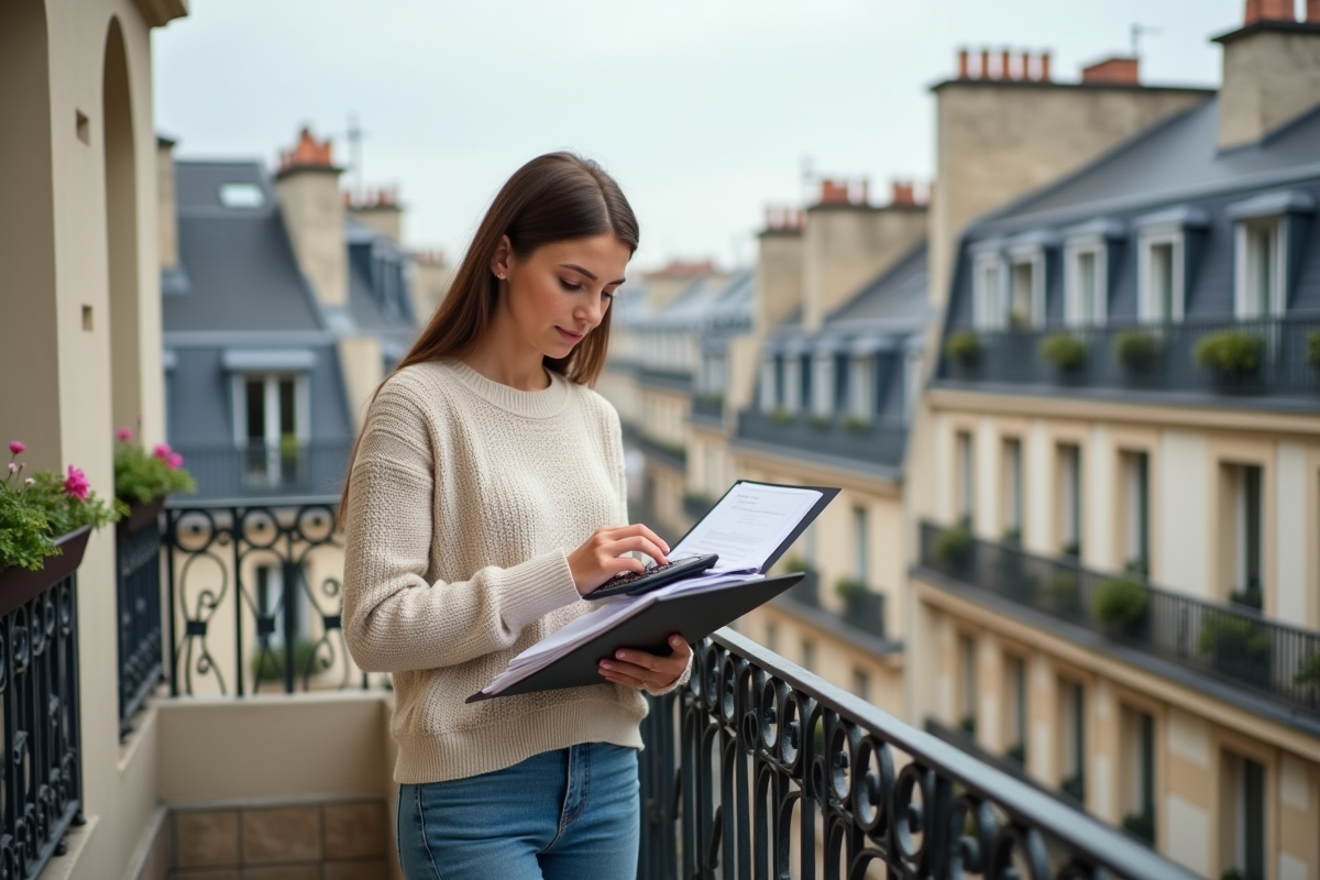 Jeune femme vérifiant un contrat de location sur un balcon parisien