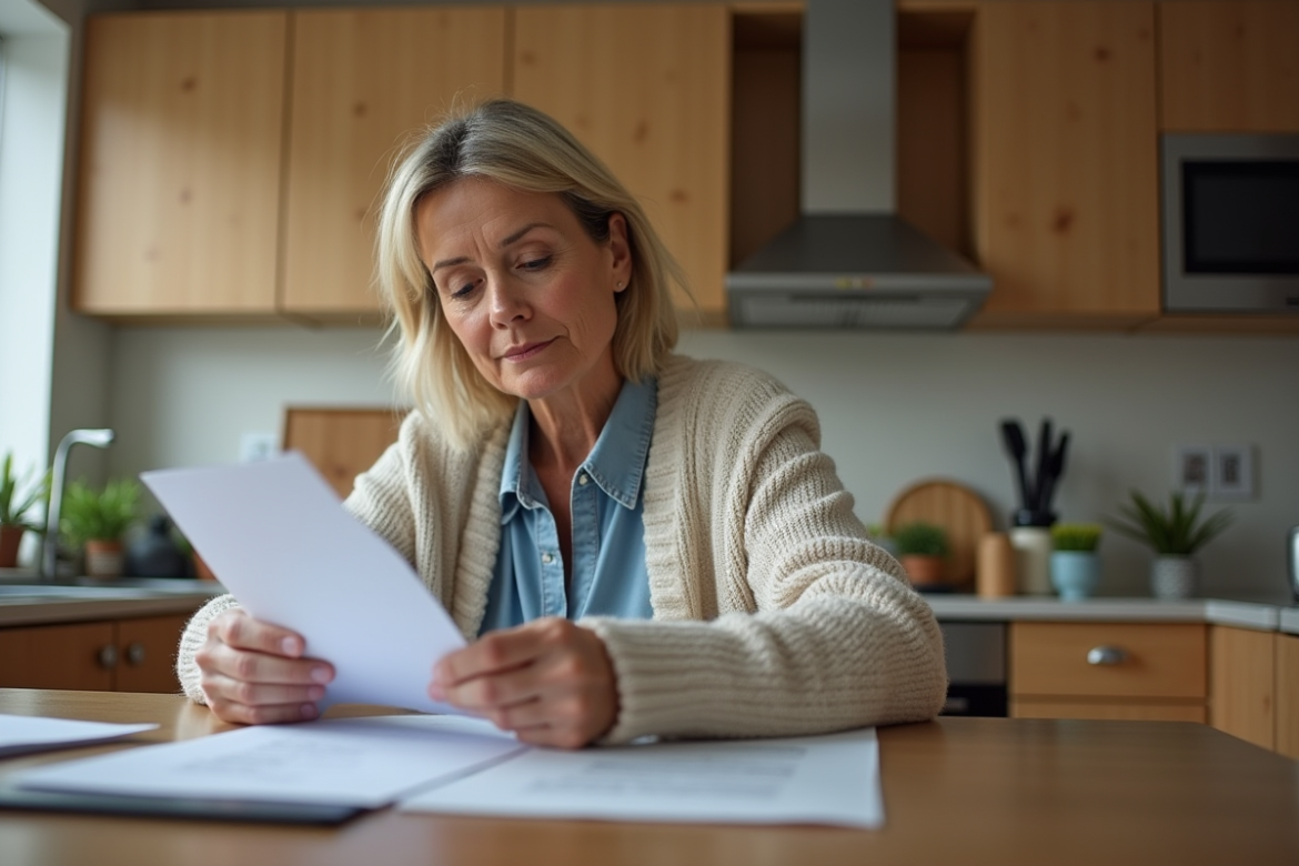 Femme d'âge moyen examine des documents d'assurance à la cuisine