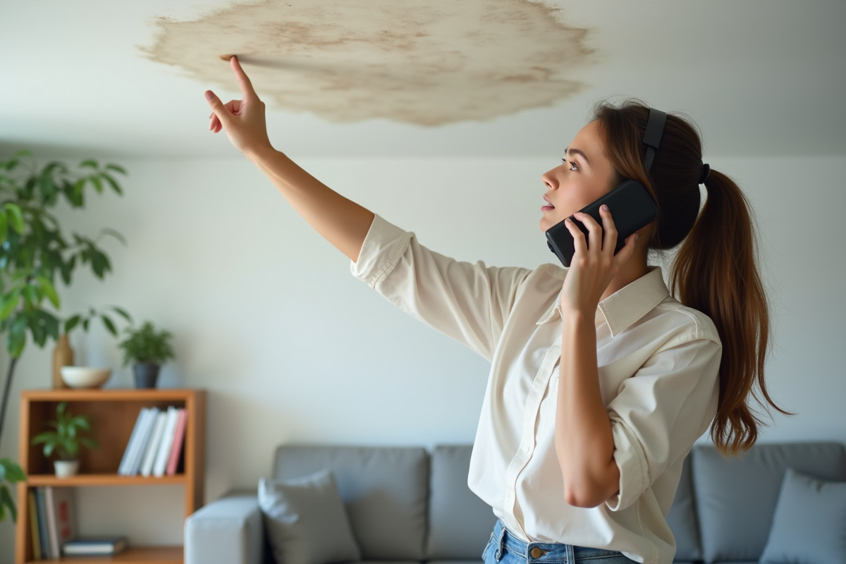 Jeune femme parle au téléphone devant une tache d