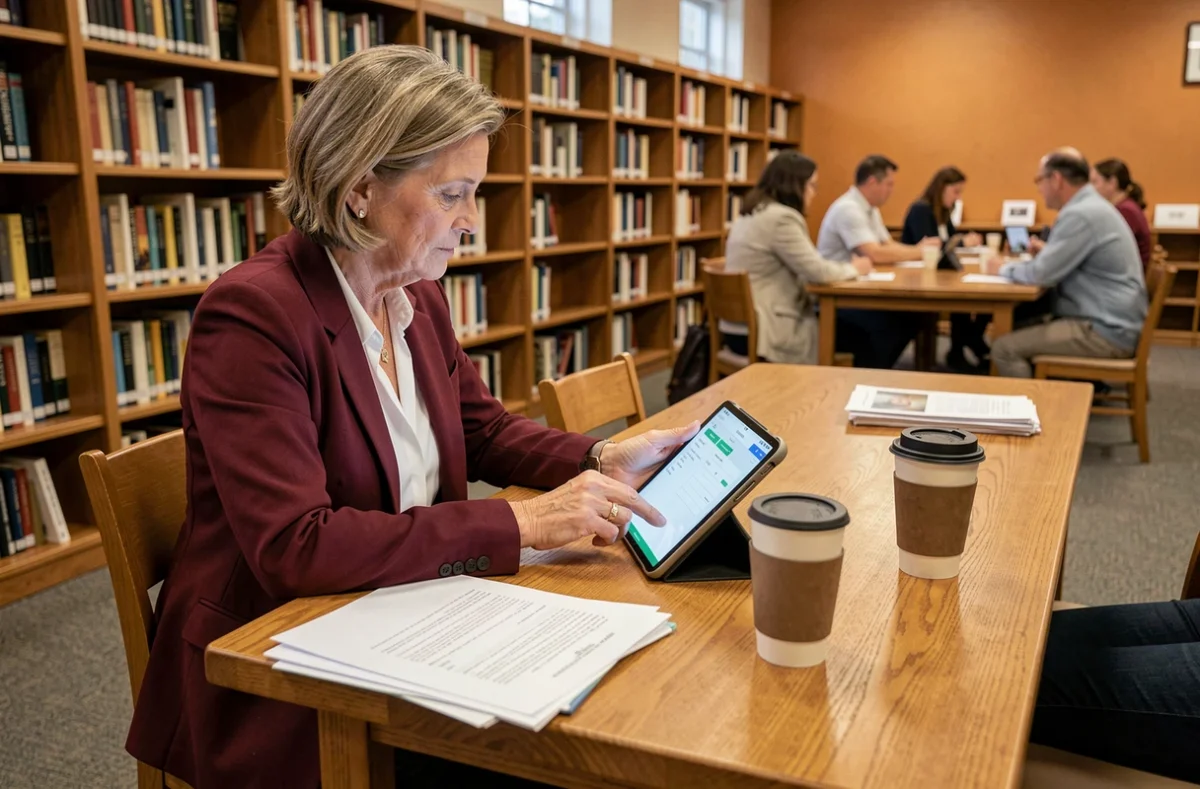 Femme effectuant des démarches administratives en ligne sur tablette dans une bibliothèque publique