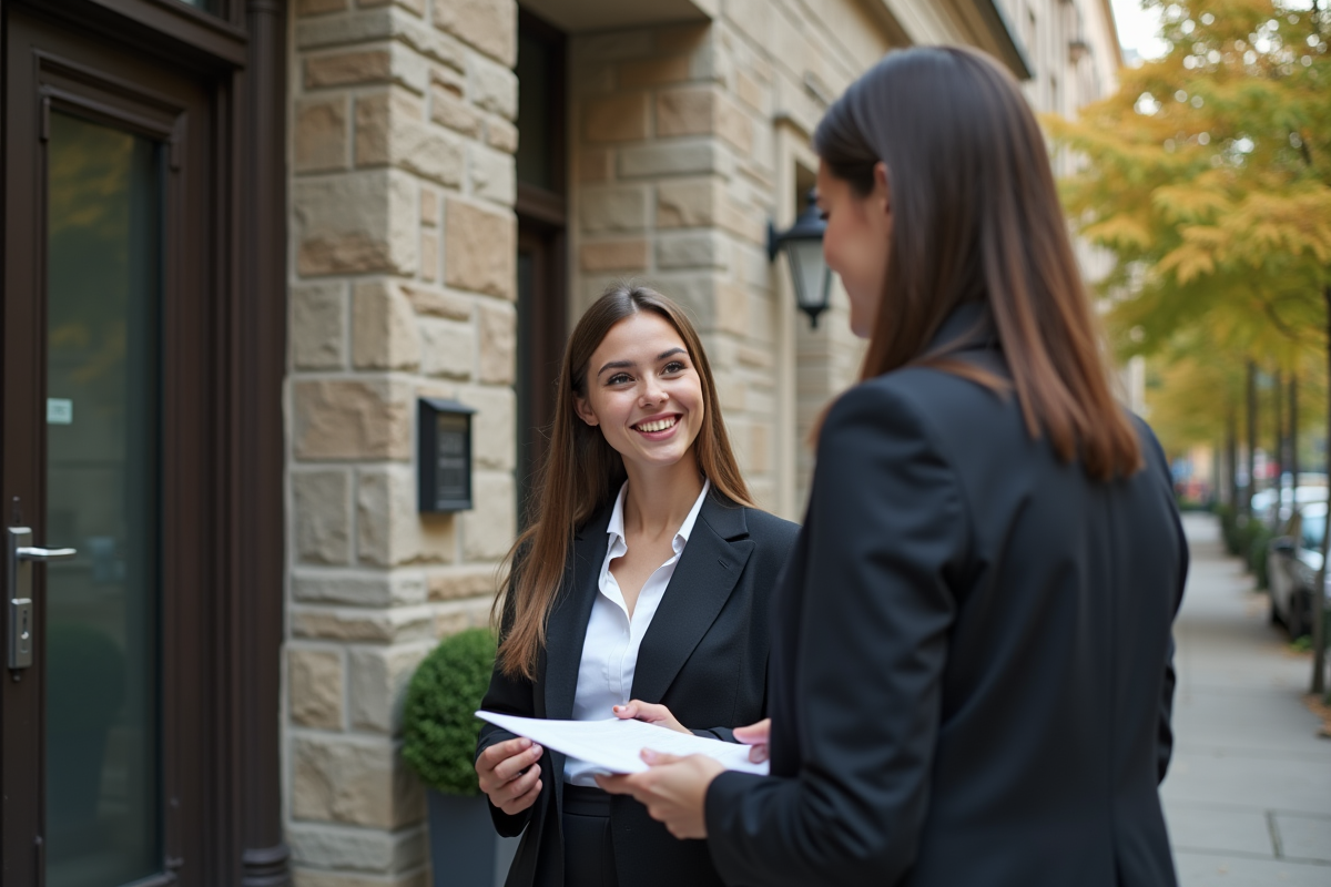 Jeune femme souriante discutant avec un agent immobilier devant un immeuble