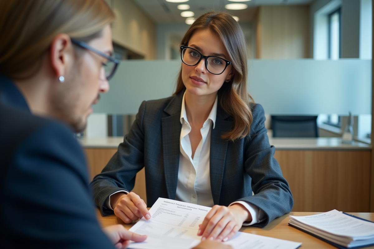 Jeune femme en blazer discute avec un conseiller bancaire et un document