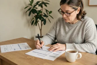 Femme consultant des documents de loyer et charges locatives à son bureau à domicile