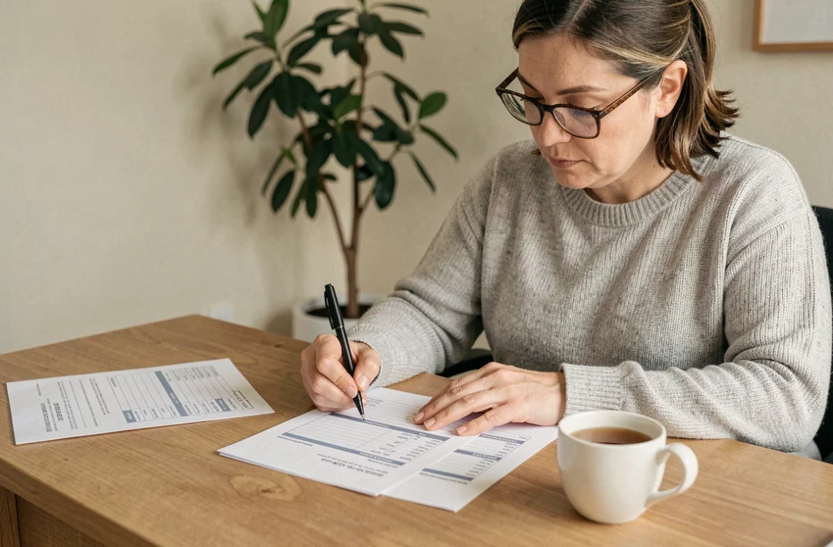 Femme consultant des documents de loyer et charges locatives à son bureau à domicile