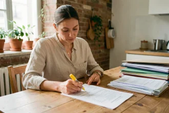 Femme organisant son dossier de location à la table de sa cuisine à Paris, en vérifiant ses documents de candidature locative