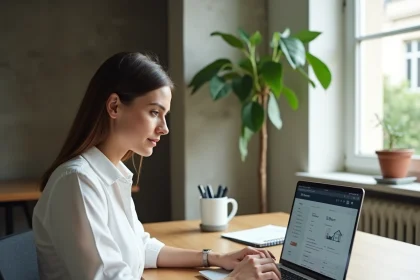 Femme utilisant l'espace client MyFoncia sur laptop pour gérer sa copropriété sans papier