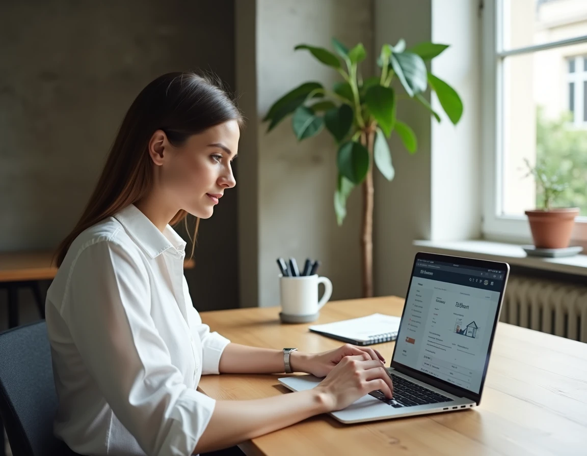 Femme utilisant l'espace client MyFoncia sur laptop pour gérer sa copropriété sans papier