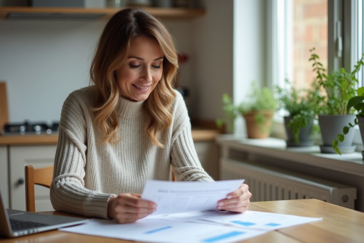 Femme d'affaires en cuisine examine documents financiers