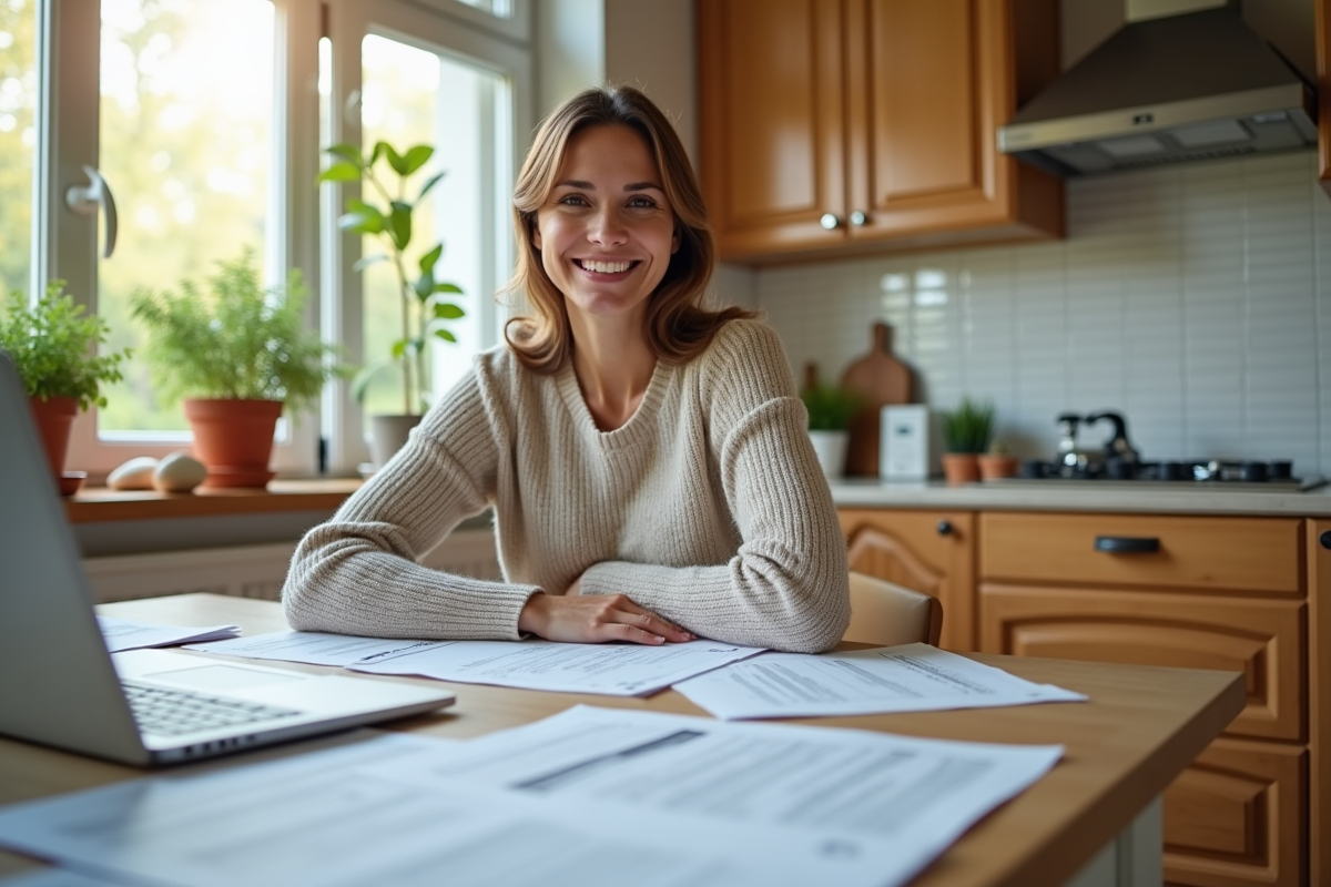 Femme souriante avec papiers et ordinateur dans la cuisine