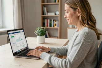 Femme utilisant un portail de services municipaux en ligne depuis son bureau à domicile
