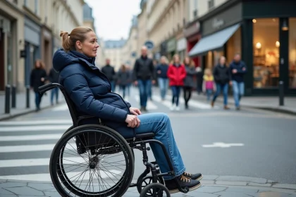 Femme en fauteuil dans une ville française animée