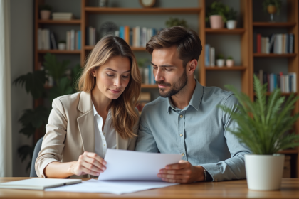Une femme d'âge moyen et un jeune homme discutent assurance à la maison