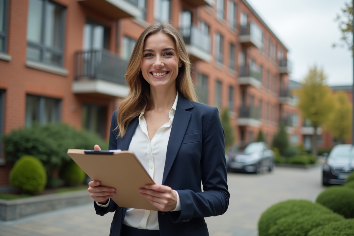 Jeune femme souriante tenant un clipboard devant un immeuble résidentiel