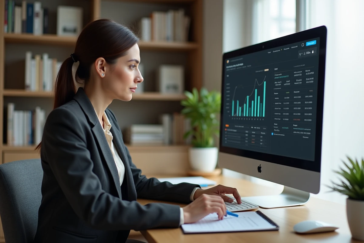 Femme investisseuse consultant une plateforme de revenu foncier en ligne depuis son bureau à domicile