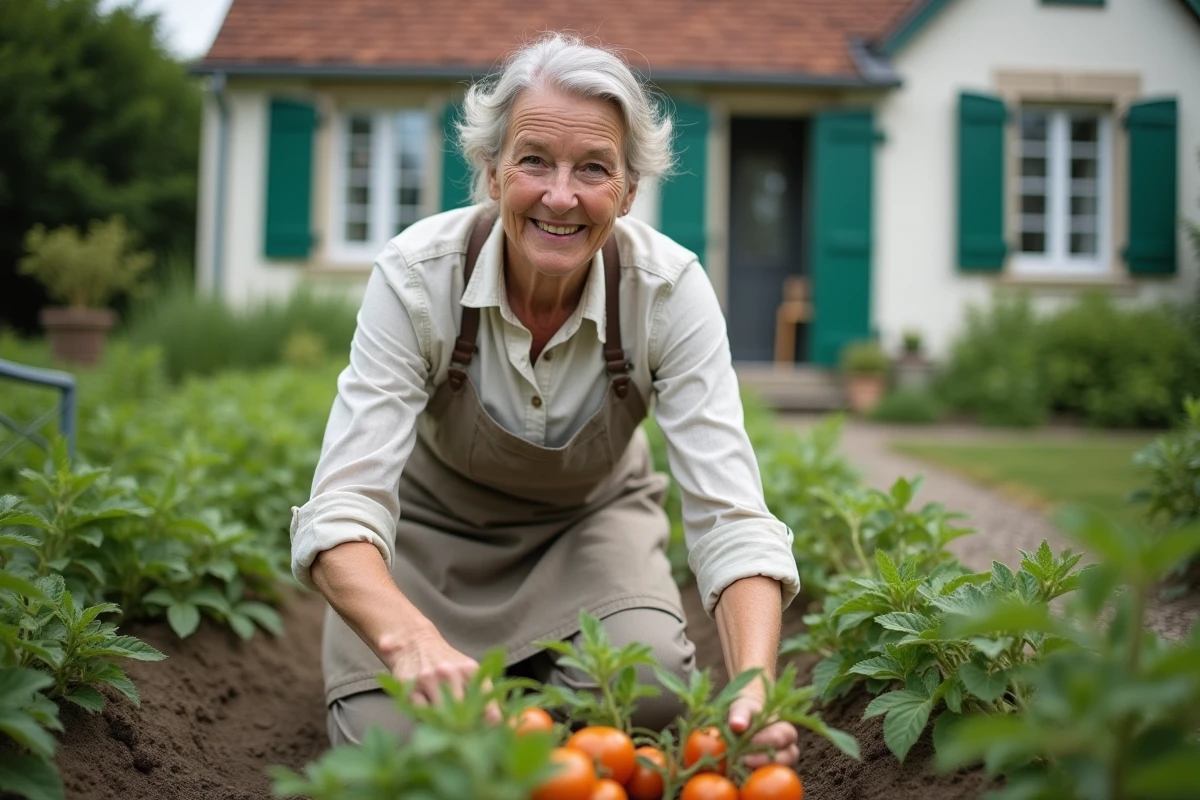 Femme jardinant devant une petite maison de campagne louée en Seine-Maritime 76