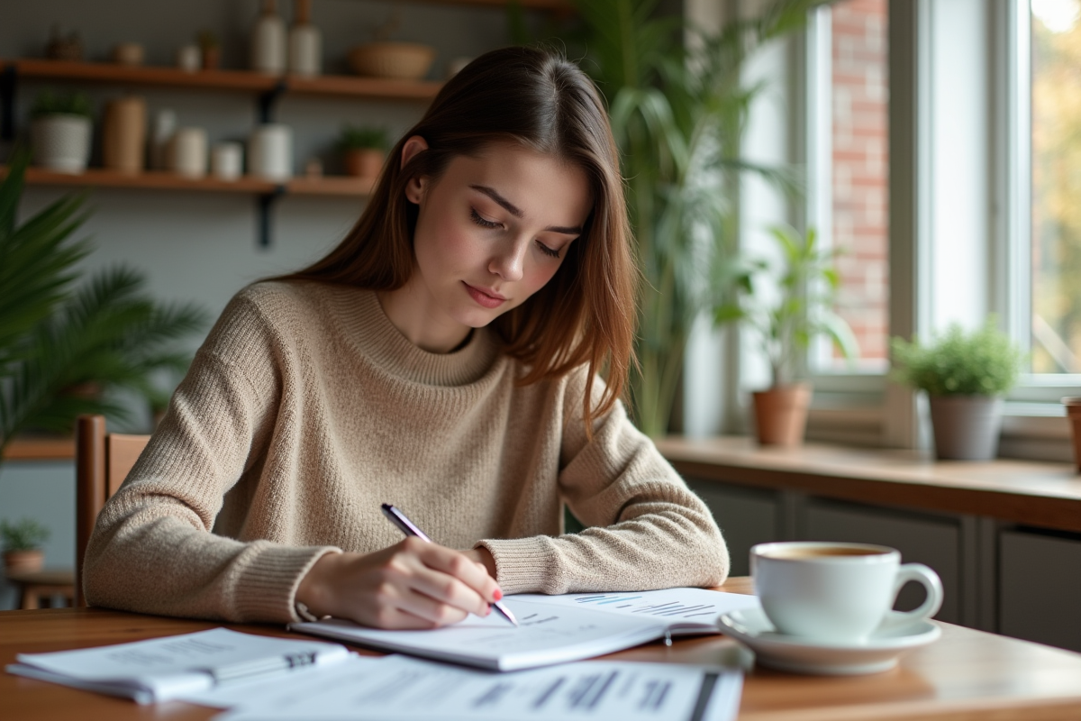 Jeune femme examinant un portefeuille d