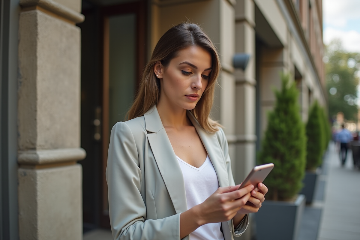 Jeune femme lisant des avis en ligne devant un immeuble urbain