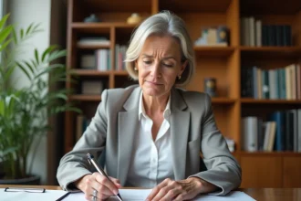 Femme lisant un rapport ERRIAL à son bureau à domicile, parcourant un document officiel immobilier avec attention