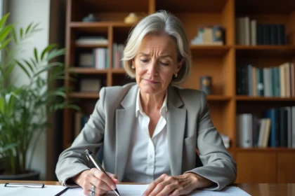 Femme lisant un rapport ERRIAL à son bureau à domicile, parcourant un document officiel immobilier avec attention