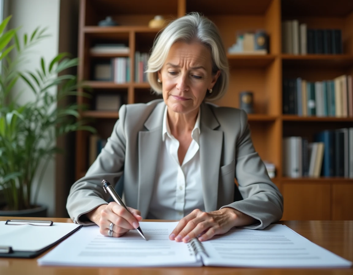 Femme lisant un rapport ERRIAL à son bureau à domicile, parcourant un document officiel immobilier avec attention