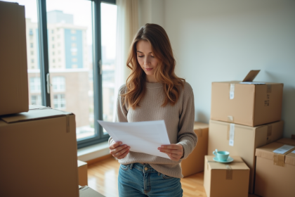 Femme lisant des papiers dans un appartement en déménagement