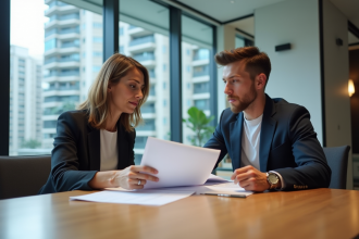 Femme d'âge moyen et jeune homme en réunion d'affaires