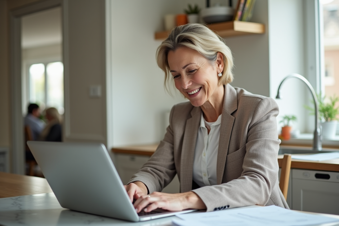 Femme d'âge moyen travaillant sur documents immobiliers