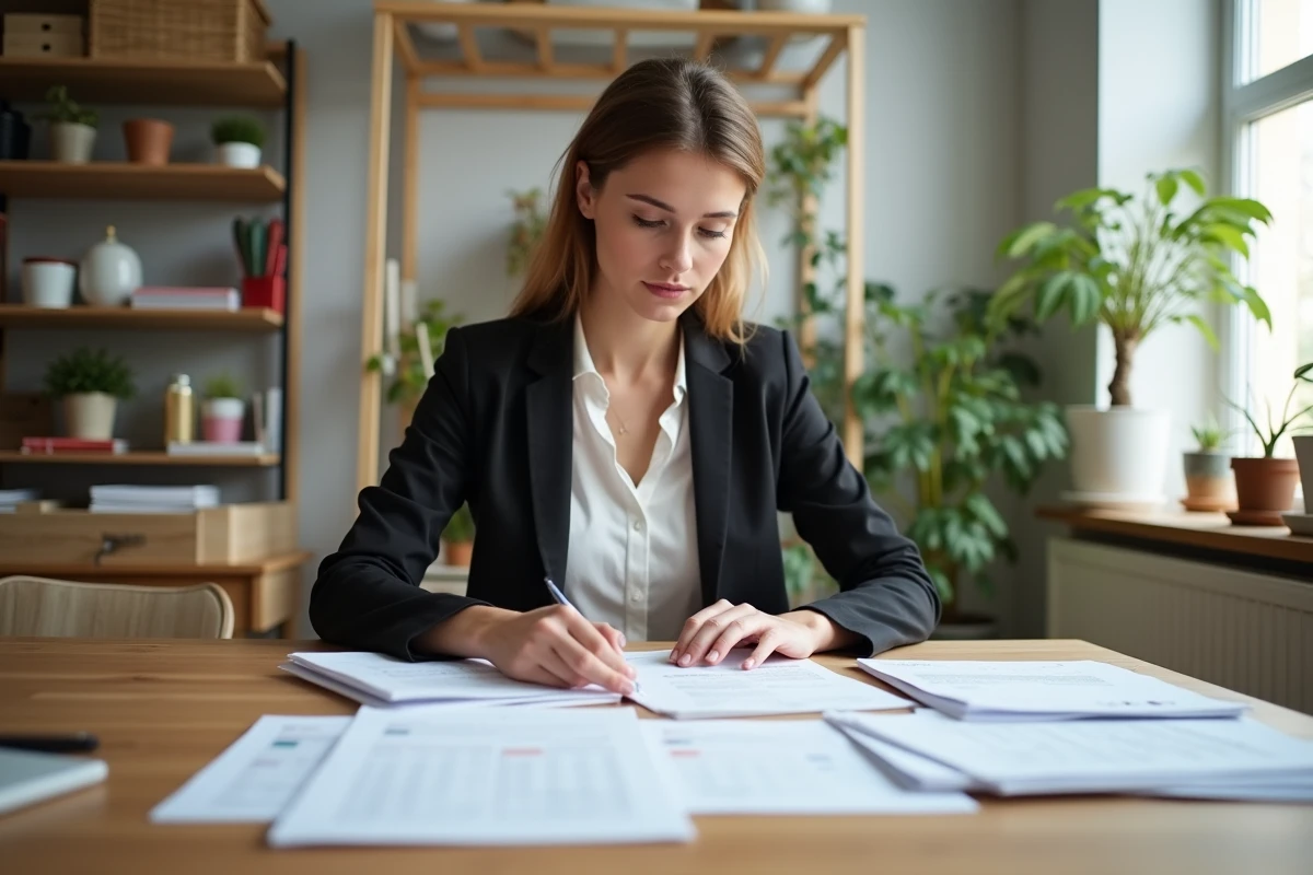 Jeune femme triant des papiers à la maison