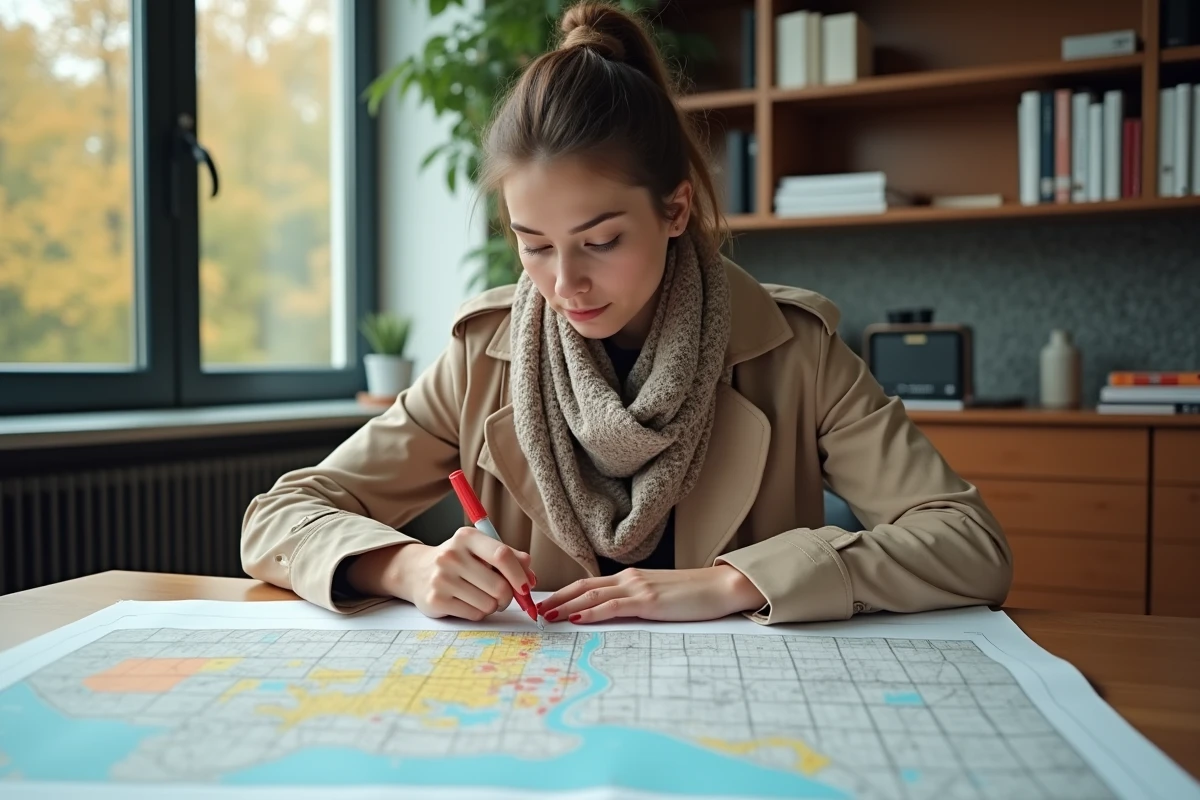 Jeune femme planifiant avec une carte dans un bureau moderne