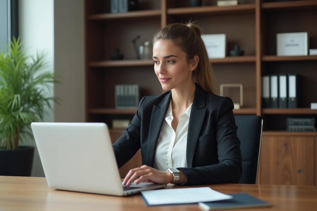 Femme professionnelle en blazer examine des calculs de notaire