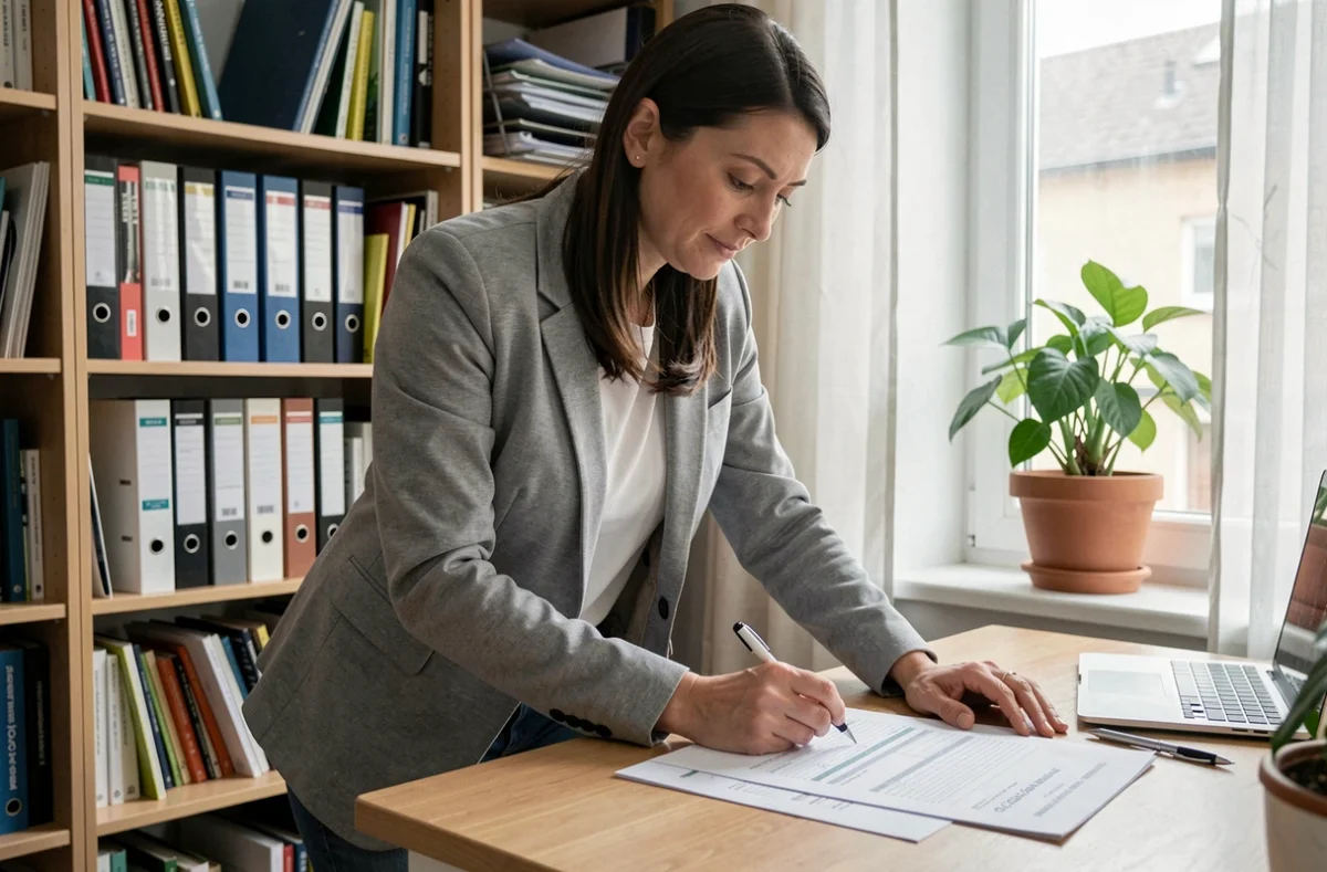 Femme propriétaire remplissant un formulaire APL dans un bureau à domicile organisé