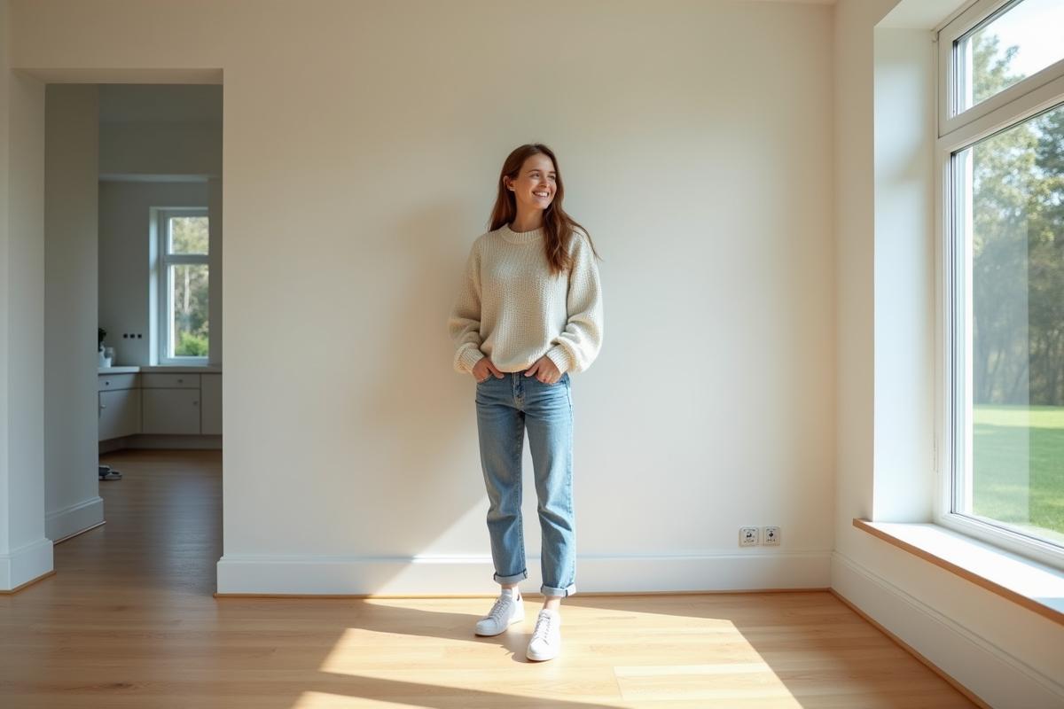 Jeune femme dans une maison neuve souriant près d
