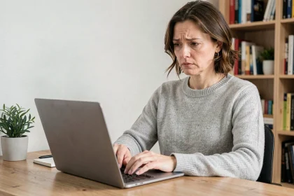 Femme assise à un bureau tentant de retrouver ses identifiants perdus sur un portail en ligne