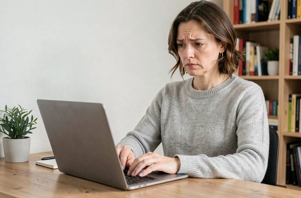 Femme assise à un bureau tentant de retrouver ses identifiants perdus sur un portail en ligne